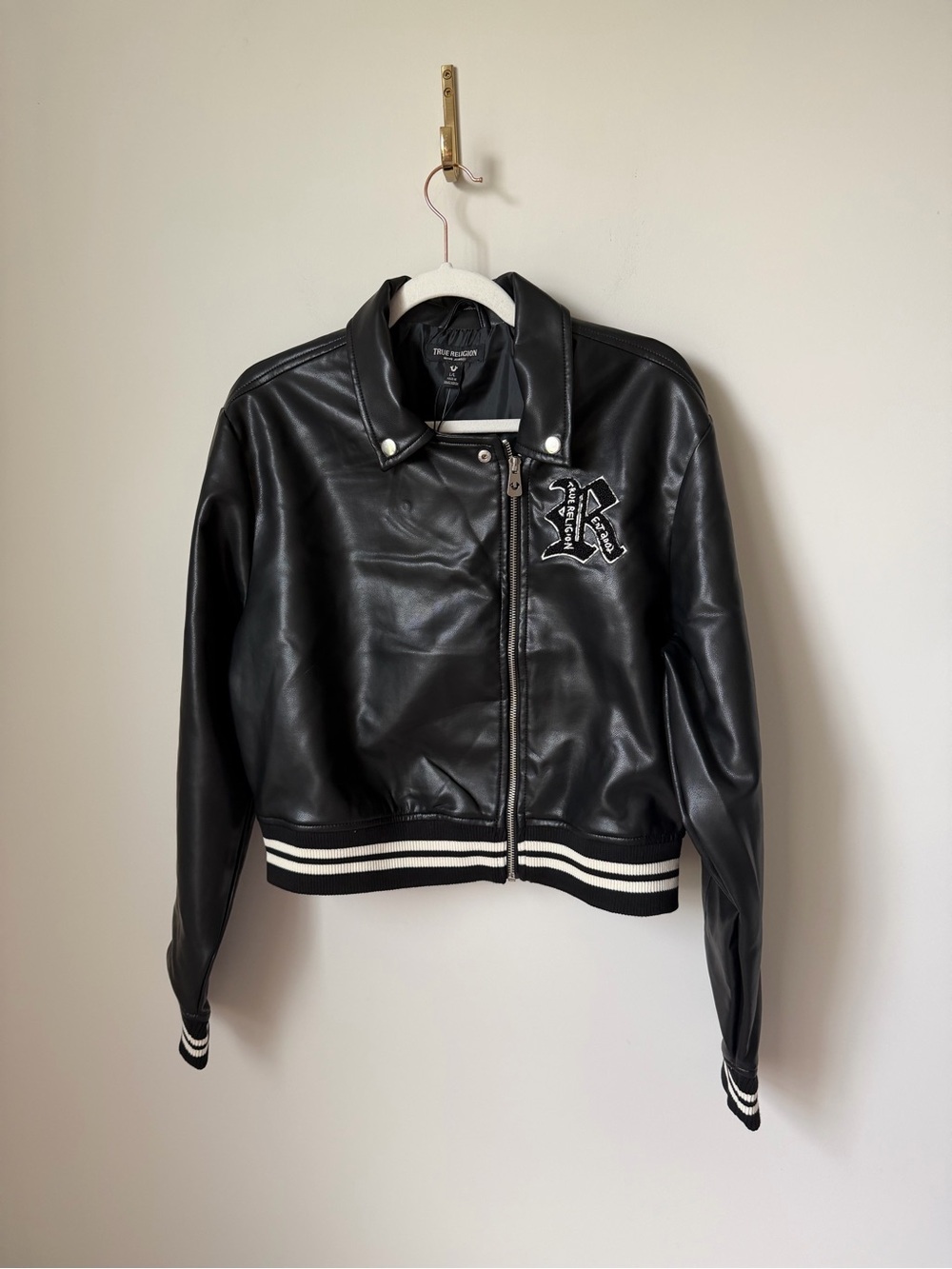 True Religion Black Leather Bomber Jacket with White Stripe Trim back logo